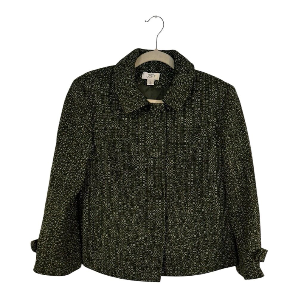 Ann Taylor LOFT Blazer Women’s Size 14 Green Tweed Retro Jacket Academia